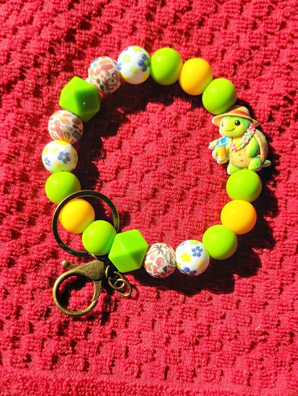 Beaded Turtle Keychain Bracelet - Lime Green & Yellow